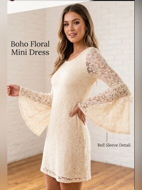 Floral Lace Bell Sleeve Long-Sleeve Dress — Cream